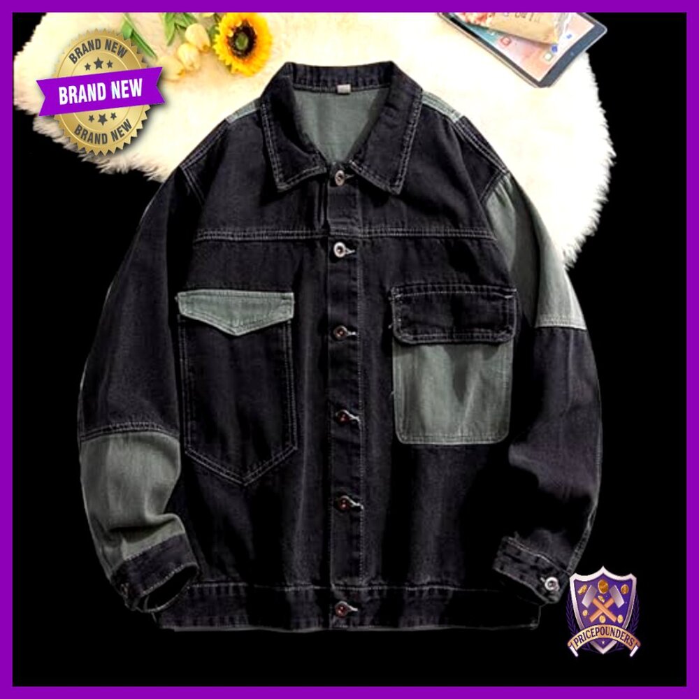 Oversized Denim Jacket Patchwork Color Block Butt… - image 3